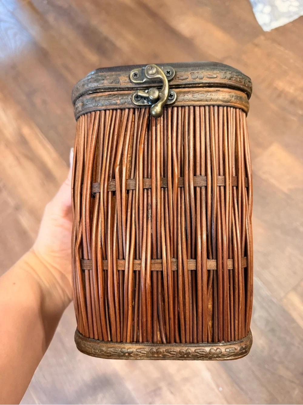 Woven Rattan Accent Basket with Antique Brass Latch - Brown